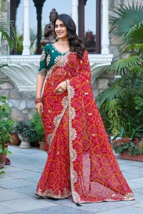 Heavy Pitha and Gota Patti Work on a Red Pure Bandhej Saree