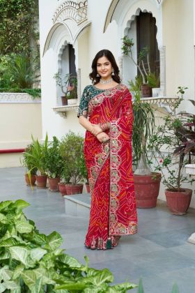 Heavy Pitha and Gota Patti Work on a Red Pure Bandhej Saree  