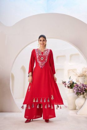 Thread & Raal Mirror Work Red Rayon Kurti Plazo Cord-Set