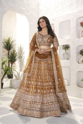 Lehanga Blouse Dupatta with Rust Net Sequence Embroidered Design Work