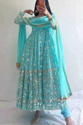 Sky Blue Faux Georgette Diwali Special Anarkali Gown