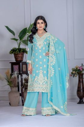 Sky Blue Heavy Faux Georgette Kurta Pant Dupatta Suit Set