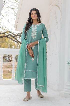 Embroidered Sky Blue Chanderi Silk Kurta Dupatta Pant Set