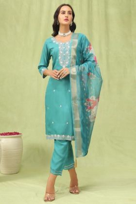 Elegant Chanderi Cotton Kurta Pant Set in Sky Blue with Embroidery