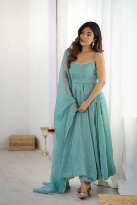 Elegant Crunchy Silk Anarkali Gown Set in Sky Blue with Dupatta and Pants