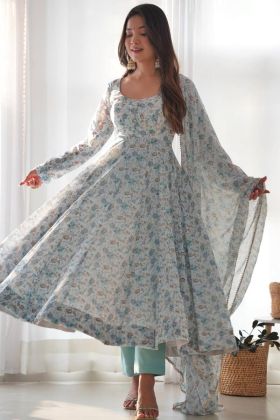 Sky Blue Floral Anarkali Pant Set with Full Flair and Chiffon Dupatta