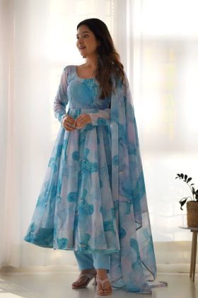 Anarkali Kurta Set in Sky Blue Organza Silk with Gota Patti Dupatta