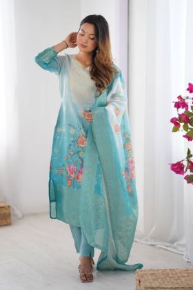 Chic Chanderi Silk Kurti Dupatta Pant Set in Sky Blue