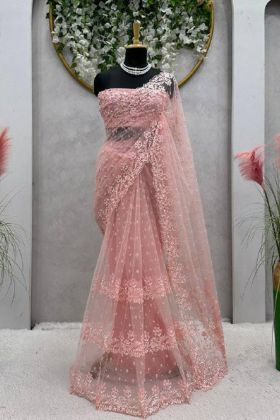 Soft Net Peach Color Wedding Wear Pearl Work Fancy Saree