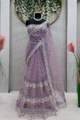 Soft Net Purple Color Wedding Wear Pearl Work Fancy Saree