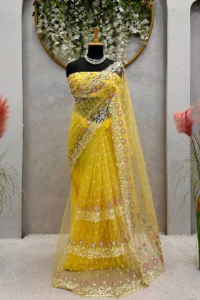 Soft Net Yellow Color Wedding Wear Pearl Work Fancy Saree