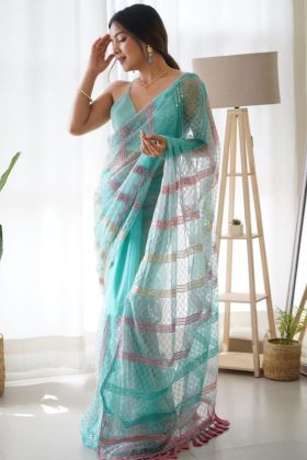 Stylish Sky Blue Butterfly Net Saree