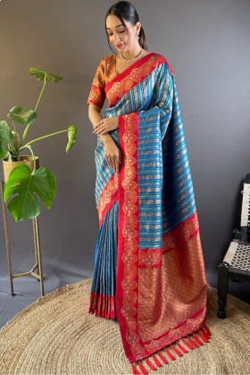Traditional Zari Woven Saree in Teal from Kanchipuram Pattu