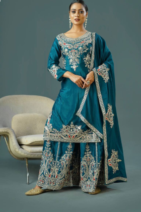Teal Pure Chinnon Silk Sharara Dupatta Set Embroidered