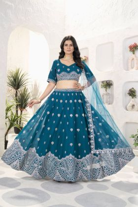 Lehenga Set in Teal Blue Faux Georgette with Extensive Sequin Embroidery