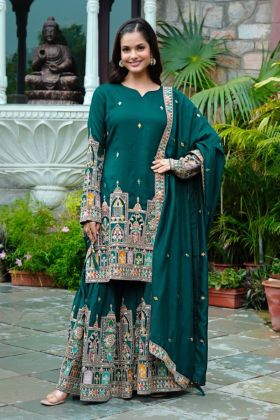 Kurta Plazzo Dupatta Set in Teal Pure Chinnon Silk with Heavy Embroidery