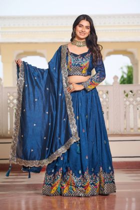 Thread-embroidered Teal Vichitra Lehenga Choli Dupatta Set