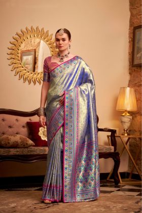Tissue Silk Saree with a Stylish Border and Contrasting Blouse