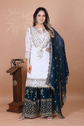 Blue Turquoise Heavy Faux Georgette Sharara Suit Set with Dupatta