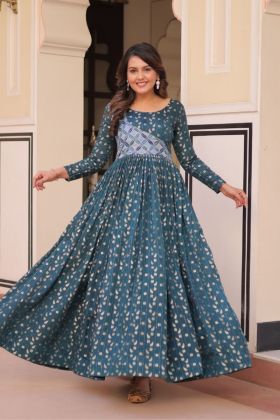 Work Gown in Turquoise Blue Print Jequard with Print Choli Design