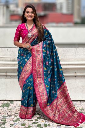 Zari Woven Turquoise Blue Pure Patola Premium Silk Saree.