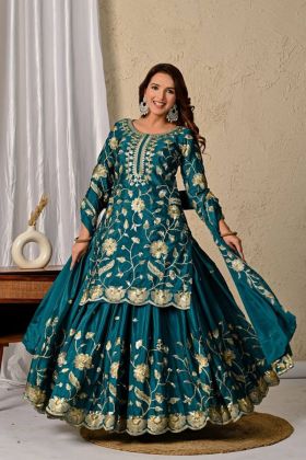 Embroidered Turquoise Blue Chinnon Silk Lehenga Kurti Dupatta Set