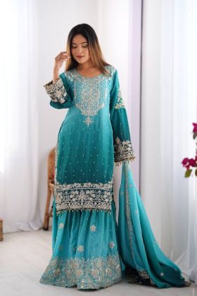 Sharara Kurta Set in Turquoise Blue Chinon Silk with Rivet Moti