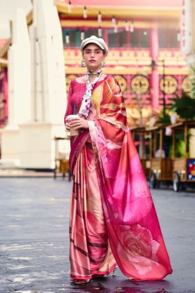 Elegant Satin Silk Saree with Digital Floral Print