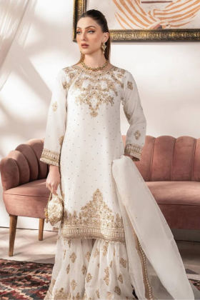 Faux White Embroidered Georgette Sharara Dupatta Suit