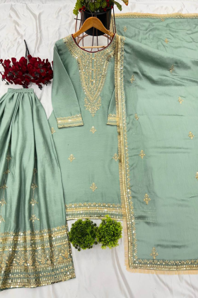 Sea Green Sharara Dupatta Set Made of Pure Chinnon Silk