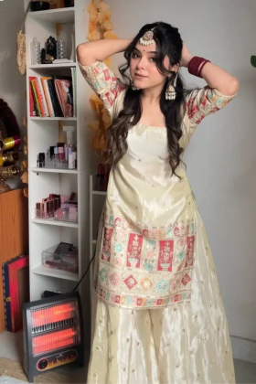 Embroidered Offwhite Heavy Chinon Silk Sharara Dupatta Set