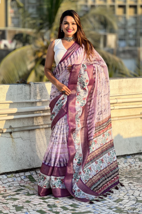Flower-patterned Wine Soft Chanderi Crush Saree 