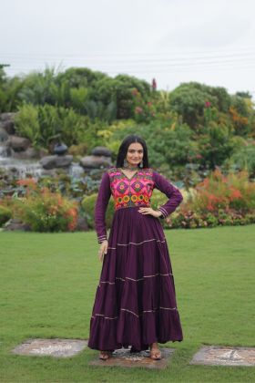 Embroidered Violet Rayon Kutchi Navratri Gown