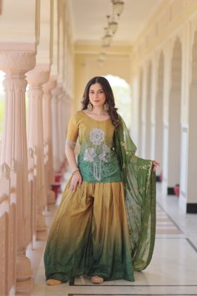 Sharara Kurta Set in Chinnon with Embroidered Dupatta