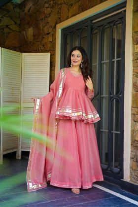 Organza in Pink Tabby Laced Sharara Kurti Dupatta Set