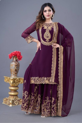 Violet Blooming Faux Georgette Sharara Dupatta Set Embroidered
