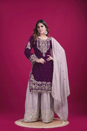 Heavy Violet Faux Georgette Sharara Embroidered Dupatta Set