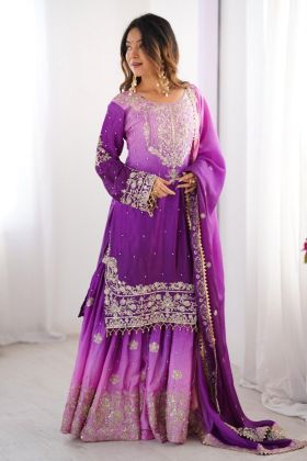 Rivet Moti and Violet Chinon Silk Sharara Kurta Set
