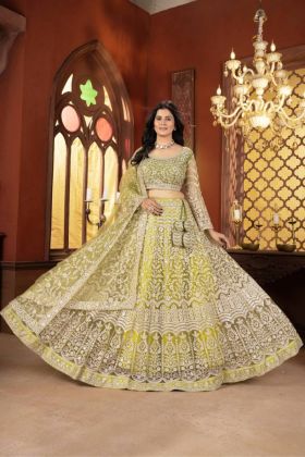 Elegant Designer Net Fabric Lehenga Set in Neon with Embroidery