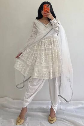 White Faux Georgette Sequence Work Dhoti Style Salwar Suit