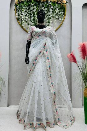White Festival Wear Organza Silk Sequnce Work Latest Saree