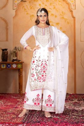 Heavy Faux White Georgette Plazo Suit Set with Kurta Dupatta