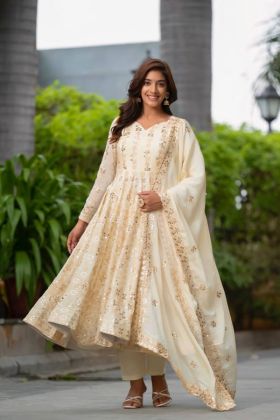 Anarkali Gown, Pant Dupatta Set, White Pure Chinon Silk
