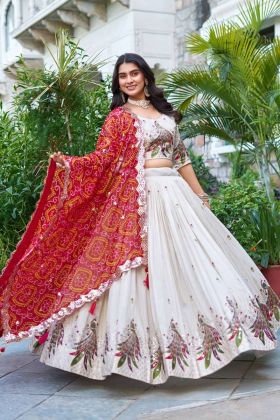 Tissue silk Lehenga Choli Set in White and Red with Extensive Sequin Work