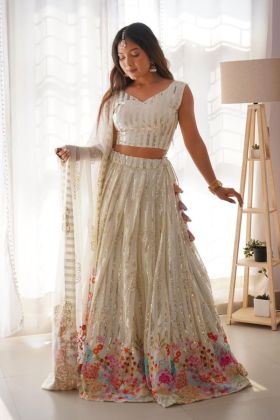 Lehenga Choli Dupatta Set in White Faux Georgette with Sequin Embroidery