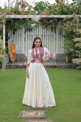 White Lehenga with Embroidered Top in Festive Roman Fabric