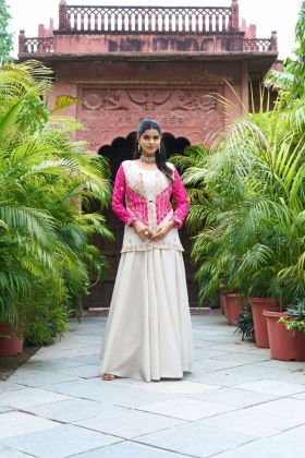 Simar Koti's White and Pink Pure Cosmos Palazzo and Choli Set with Embroidery 