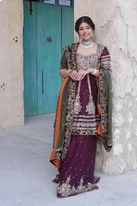 Wine Faux Georgette Sharara Dupatta Set Embroidered