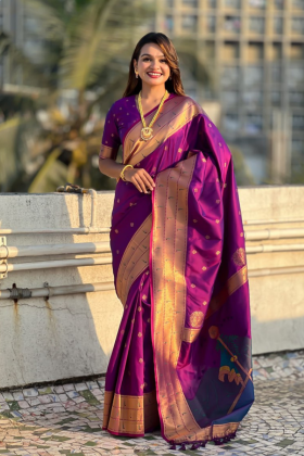 Wine Paithani Soft Silk sarees with floral motifs