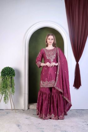 Sharara Dupatta Pants Sharara Suit Wine Pure Chinon Silk